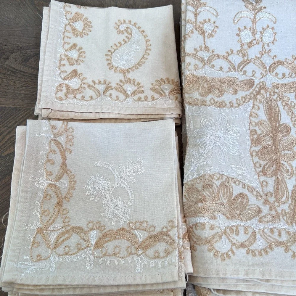 Vintage Aghabani Embroidered Orientalist Cotton Silk Tablecloth/11 Napkins 92x60